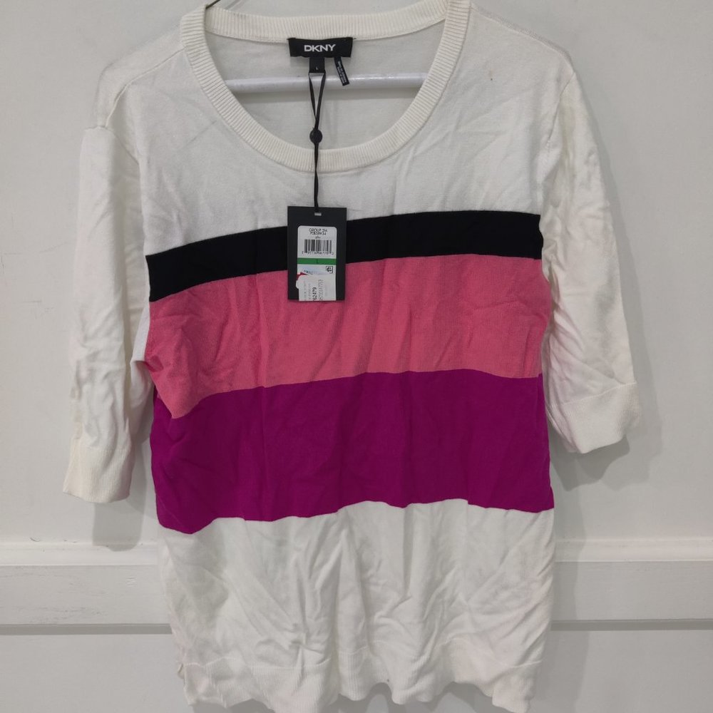 SOILED DKNY Womens White Striped 3/4 Sleeve Jewel Neck White Size L $80 A424